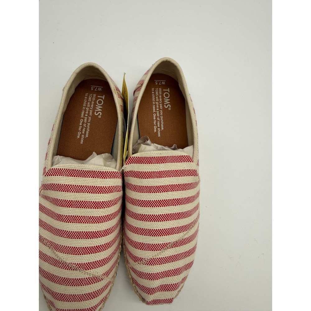Toms Alpargata Red Cream Striped Canvas Slip On Espadrille Shoes Womens 7.5 NEW